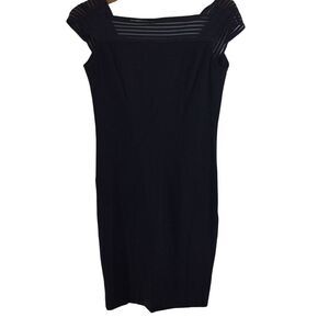 Tadashi Womens Illusion Mesh Striped V-Back Sheath Dress Black Size Medium